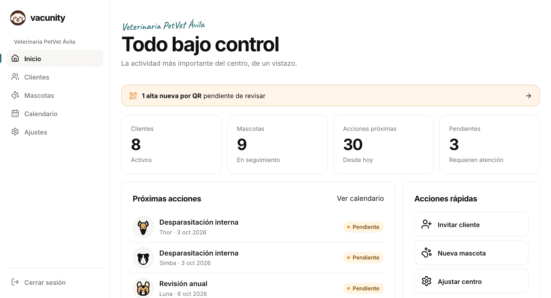 Panel de la clínica veterinaria con clientes y próximos cuidados