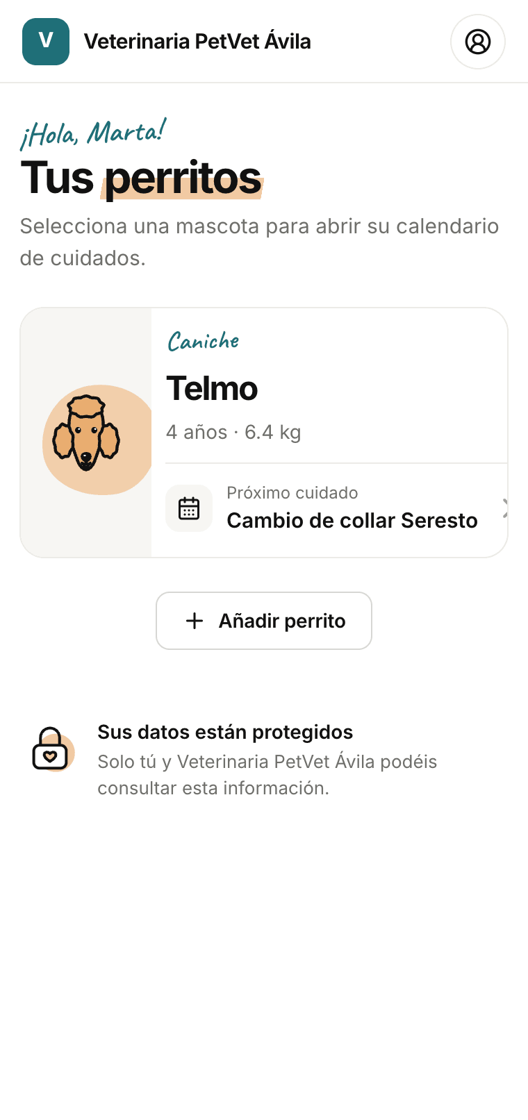App de la clínica en el móvil del cliente: la lista de sus perros